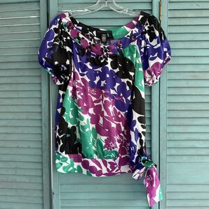 Apostrophe Woman Blouse Shirt ~ Sz L ~ Purple & Green ~ Short Sleeve